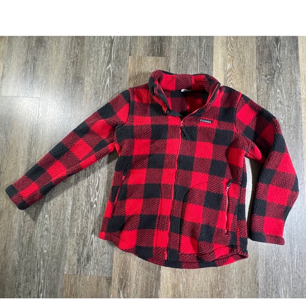 Columbia Fleece Jacket Womens L Red Black Buffalo Plaid Full Zip Sherpa 5040